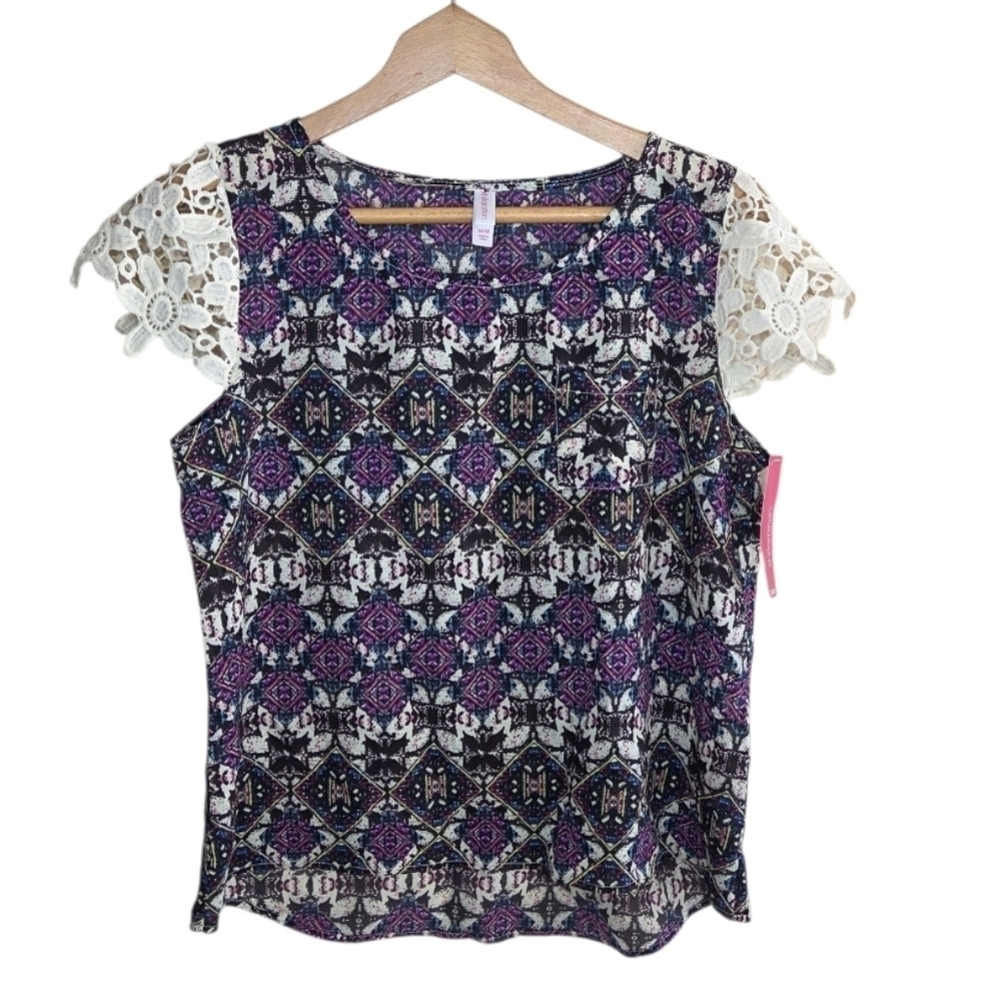 NWT Xhilaration | Crochet Sleeve Purple Boho Print Blouse Size Medium